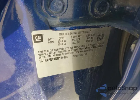 2013 Chevrolet Volt из США, поврежденный, VIN 1G1RA6E4XDU104473